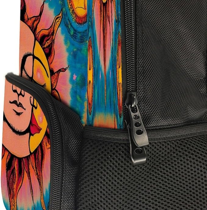 Polyester Daypack for Camping Travel Walking Cycling, Big Capacity Anti-Theft Multipurpose Bookbag, Sun And Moon Art Camping Outdoor Backpack