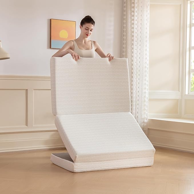 MLILY Foldable Mattress, 4 Inch Queen Tri Fold Memory Foam Mattress Topper, Floor Bed with Washable Cover for Camping, RV Travel and Guest Sleeping Mat, 80"×60"×4", White