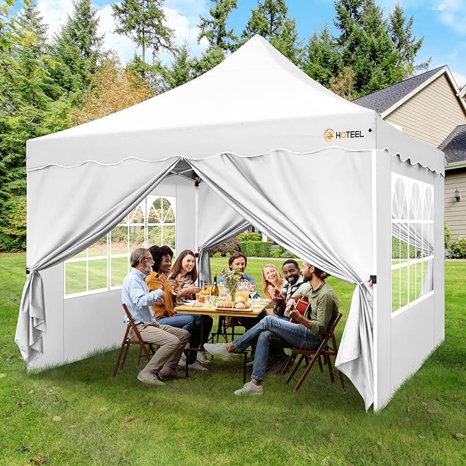 HOTEEL 10x10 Pop Up Canopy Tent with 4 Removable Sidewalls, Sandbags, Stakes & Ropes, UPF 50+ Easy Setup Event Tent Waterproof Outdoor Instant Portable Shelter for Party, Backyard, Vendor, White