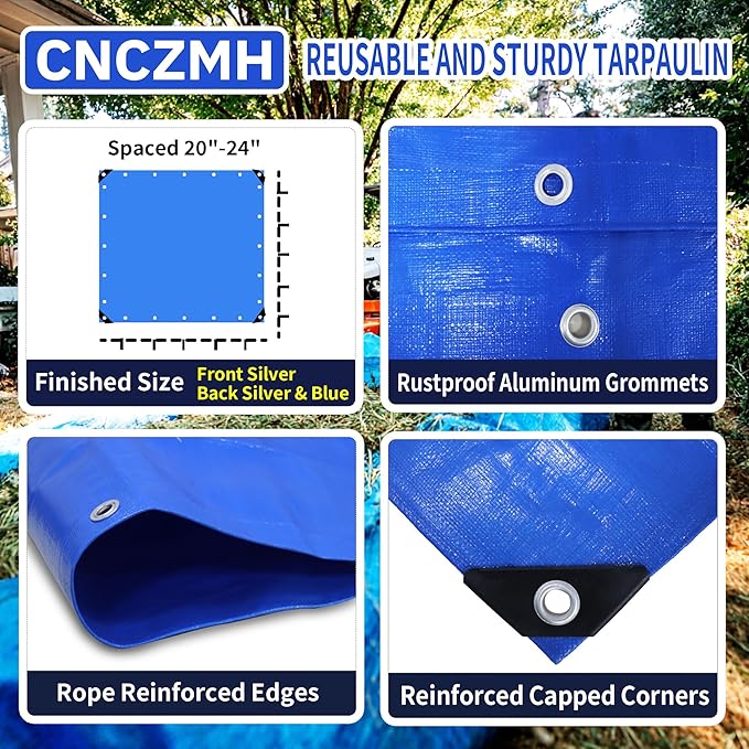 Heavy Duty Tarp Waterproof, 16 Mil Thick Finished Size Tarps Outdoor, Multipurpose Tarpaulin Cover, Small Tarp for Emergency Rain Shelter Camping (Blue, 5x7ft)