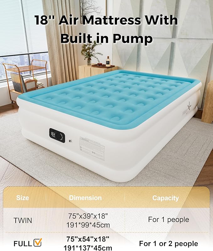 Full Air Mattress with Built-in Pump, Single Air Bed with Portable Storage Bag, Suitable for Home and Guests, Top Flocking, 18" Full Sky Blue