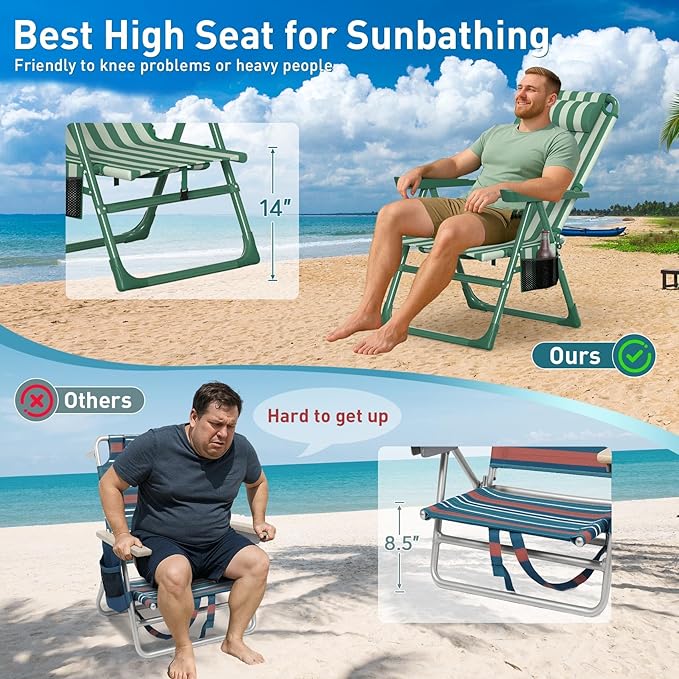 Suteck Backpack Beach Chairs for Adults 2 Pack, 6-Position Folding Reclining Chair with Cooler Bag & Cup Holder, Lightweight Portable Beach Chair for Camping, Outdoor, Sand, Travel Use