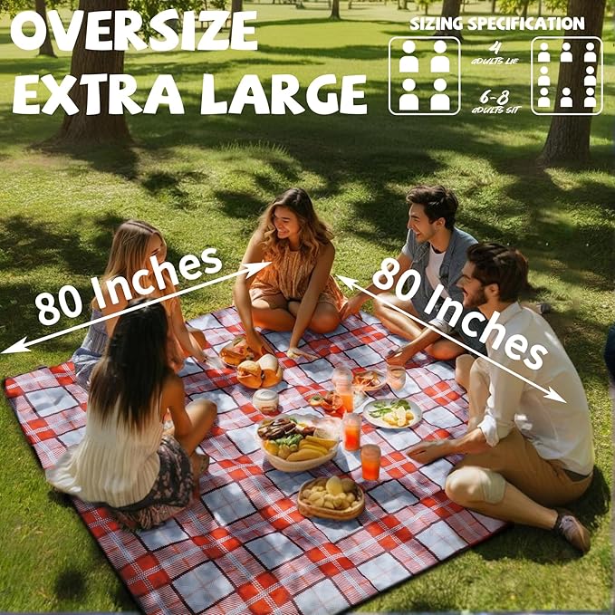 Extra Large Picnic Blankets Portable 80x80 Oversized Waterproof Sandproof Outdoor Beach Blanket Camping Grass Mat XXL Tent Music Festival Essential Road Trip Car Rv Accessories Pet Garden Must Have