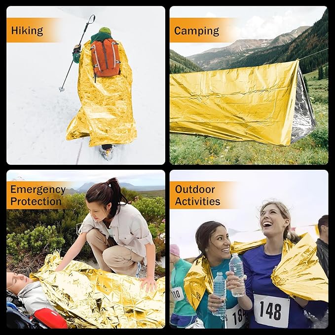 12-Pack Emergency Mylar Thermal Blankets, 82"x62" Space Blankets Foil Blanket, XL Camping Blanket for Outdoors, Hiking, Survival kit, Bug Out Bag，Marathons or First Aid, Golden