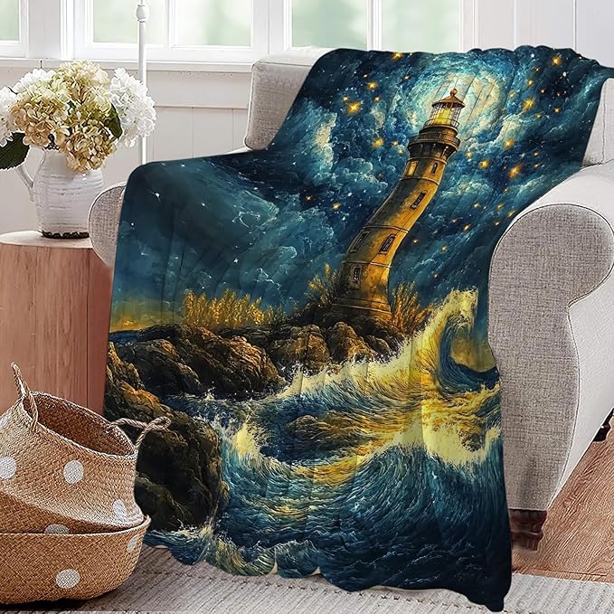 Lighthouse Blanket Coastal Lighthouse Starry Night Throw Blankets Gifts for Girls Boys Kids Soft Cozy Fleece Plush for Couch Sofa Bed 80"x60"