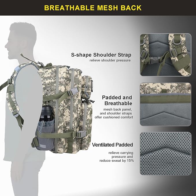Zavothy 45L Military Tactical Backpack, Army 3-Day Assault Pack Bug Out Bag for Hiking Camping | Army, Bag, Large Rucksack, with Molle System