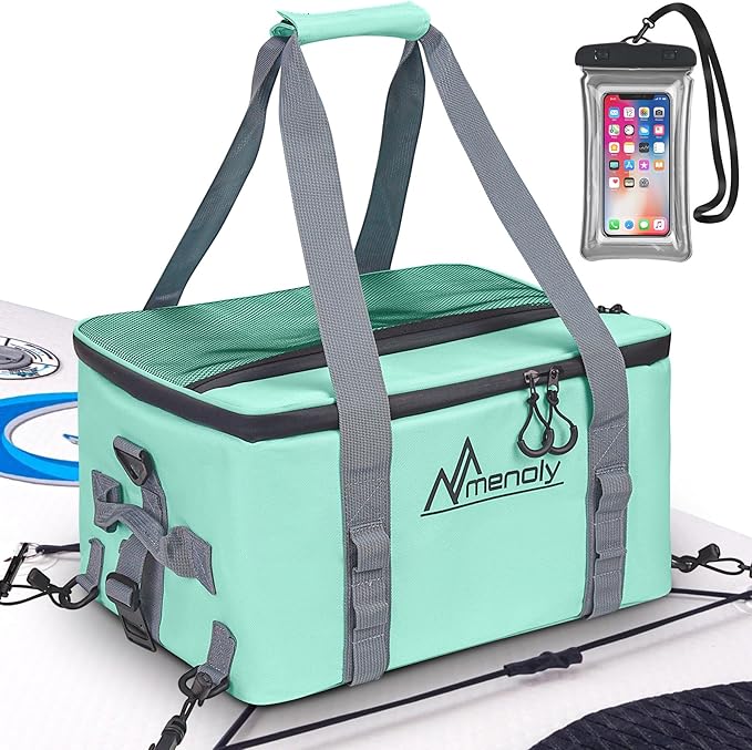 MENOLY Paddle Board Accessories Cooler, 25L Sup Kayak Deck Cooler Bag Fit 30 Cans with Waterproof Phone Pouch, Adjustable Strap, Bottle Opener for Paddleboarding, Kayaking, Camping