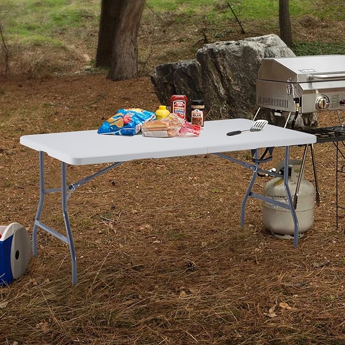 BOOSDEN 5 Foot Folding Table - Portable Plastic Fold-in-Half Utility Table With Carrying Handle for Indoor Outdoor Use - Picnic, Party, Camping, Banquet