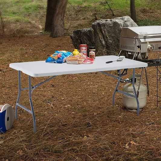 BOOSDEN 5 Foot Folding Table - Portable Plastic Fold-in-Half Utility Table With Carrying Handle for Indoor Outdoor Use - Picnic, Party, Camping, Banquet