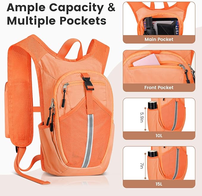 Small Hiking Backpack 15L-Lightweight Packable Foldable Backpack for Travel Camping Outdoor Commute,Compact Rucksack for Women Men(Orange)
