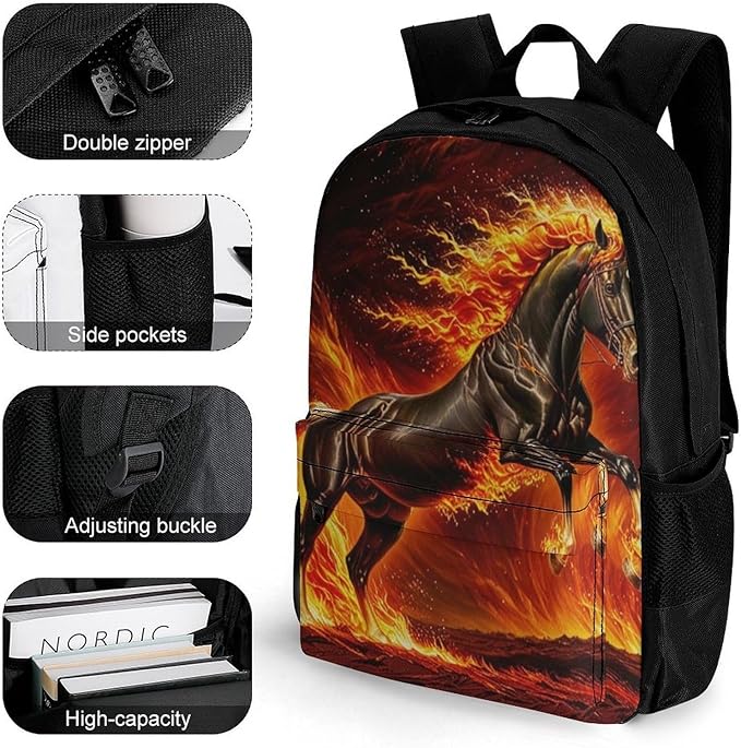 Backpack Multipurpose Anti-Theft Large Capacity Bookbag, Horse Fire Travel Hiking Daypack With Side Pockets