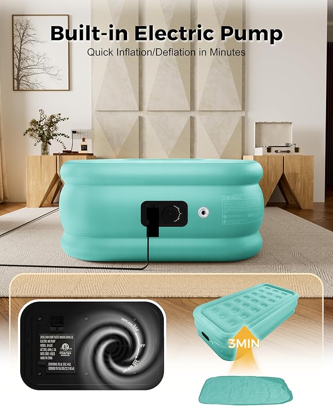 Twin Air Mattress with Built in Pump, Single Blow up Air Bed with Portable Storage Bag, Suitable for Home and Guests, Top Flocking, 18" QueenTurquoise Green