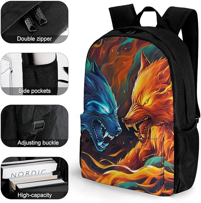 Supdreamc Polyester Daypack Bookbag for Gym Business Bicycle, Large Capacity Multipurpose Anti-Theft Carry On Bag, Ice And Fire Flaming Cool Wolf Art Travel Hiking Daypack