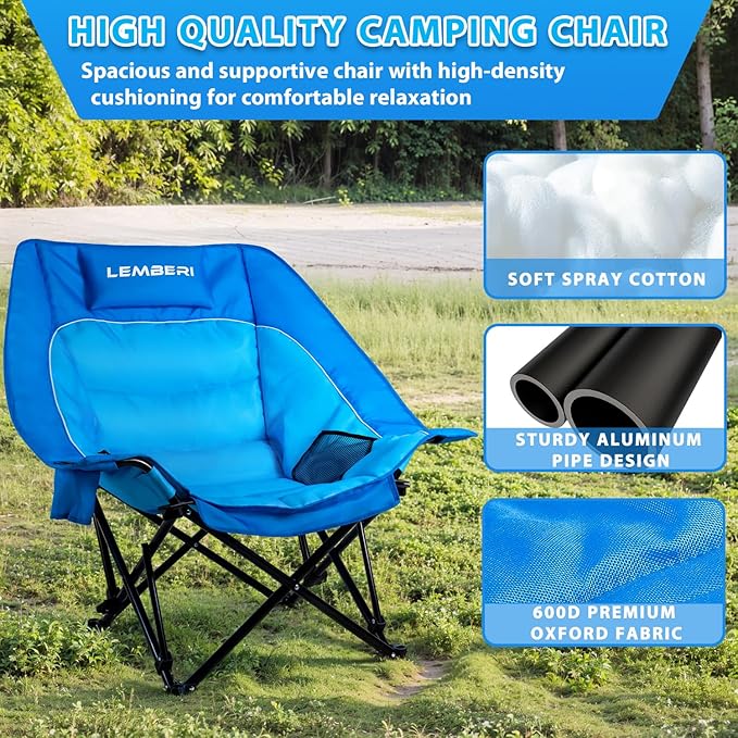 Outdoor Oversized Camping Chair, Heavy Duty Support 500 LBS for Adults, Portable Folding Wide Lawn Chair with Headrest Support and Cup Holder, Low Camping Chair for Fishing, Garden, Blue