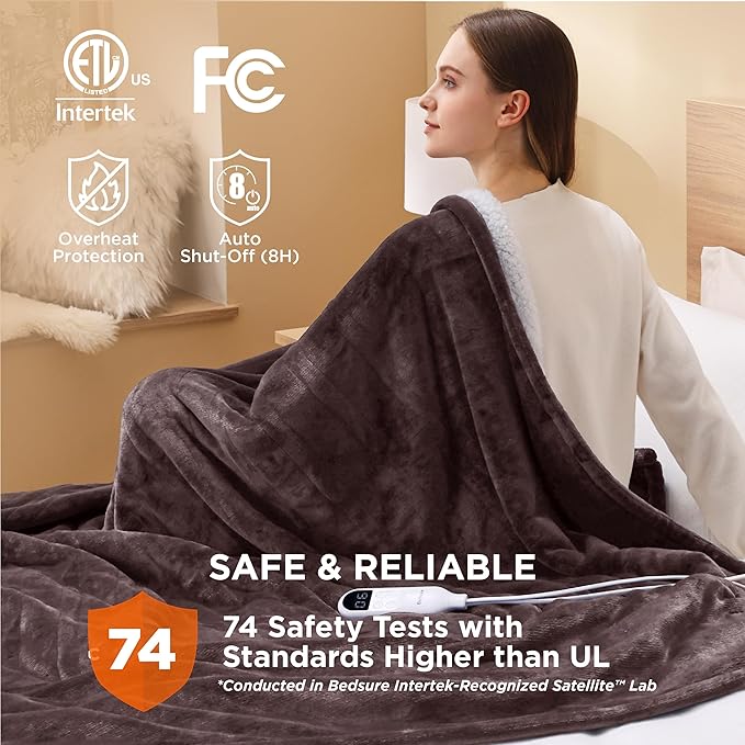 Bedsure Electric Blanket Twin - Soft Flannel Heated Blanket, Fast Heating with 10 Time Settings & 6 Heat Settings, Warm Gift for Grandma (62x84 inches, Brown)
