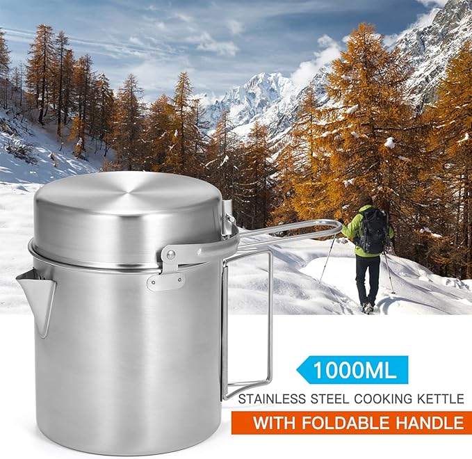 Lixada Camping Pot Stainless Steel Lightweight Kettle Bottle Cup or Pot with Foldable Handle and Dual Use Cover for Camping Hiking Backpacking Picnic