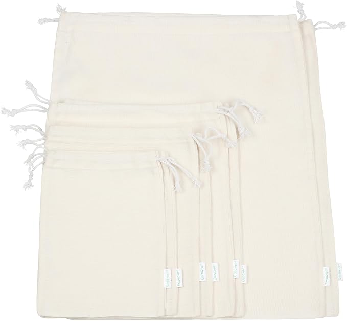 Reusable Cotton Storage Produce Bags With Drawstrings Set of 8 Mixed (S,M,L,XL), Muslin Bags - For Bulk Food Storage, Vegetable, fruit, Food, Snack, Footwear, Toys Storage Bag