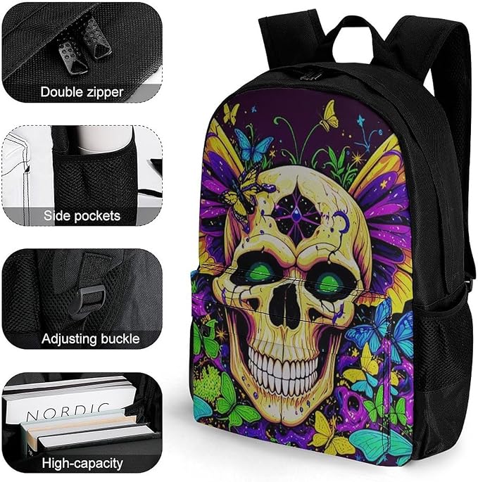 Rucksack Anti-Theft Multipurpose Large Capacity Carry On Bag, Skull And Butterflies Travel Hiking Bag Day Pack With Side Pockets