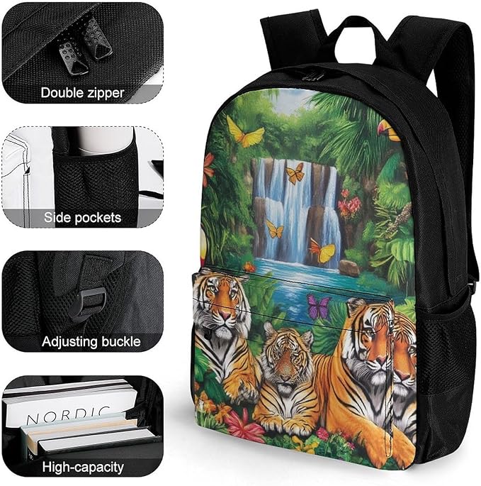 Supdreamc Rucksack Anti-Theft Multipurpose Big Capacity Carry On Bag, Tropical Jungle Parrot Birds Tiger Art Traveling Camping Backpack With Side Pockets
