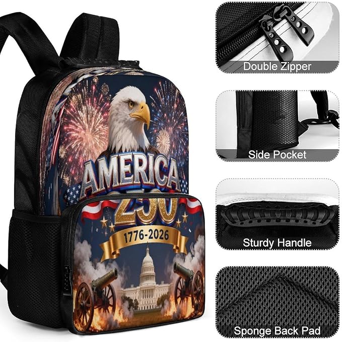 Men Women Polyester 250 Years 1776-2026 250th Birthday Eagle Liberty Art Daypack Backpack Large Capacity Carry On Bag With Smooth Zippers for Hiking Picnic Walking Cycling
