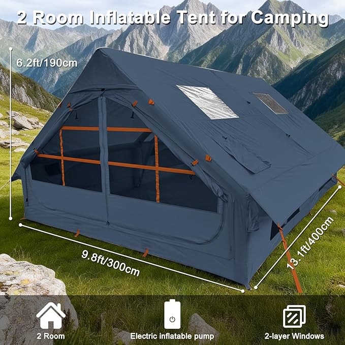 Inflatable Camping Tent,2/4/6/8 Person Glamping Inflatable Tents with Awning, Quick Setup Blow Up Tents with Pump, Waterproof Oxford Inflatable House for Camping, Air Glamping Hot Tents for Adult