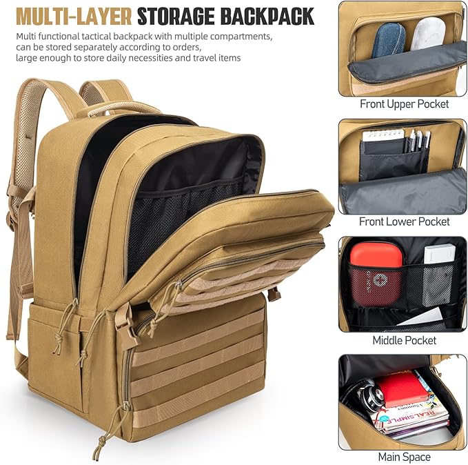 45L Tactical Backpack for Men, Water-resistant Military MOLLE Assault Backpack Bag for Hunting Camping Travel (Khaki)