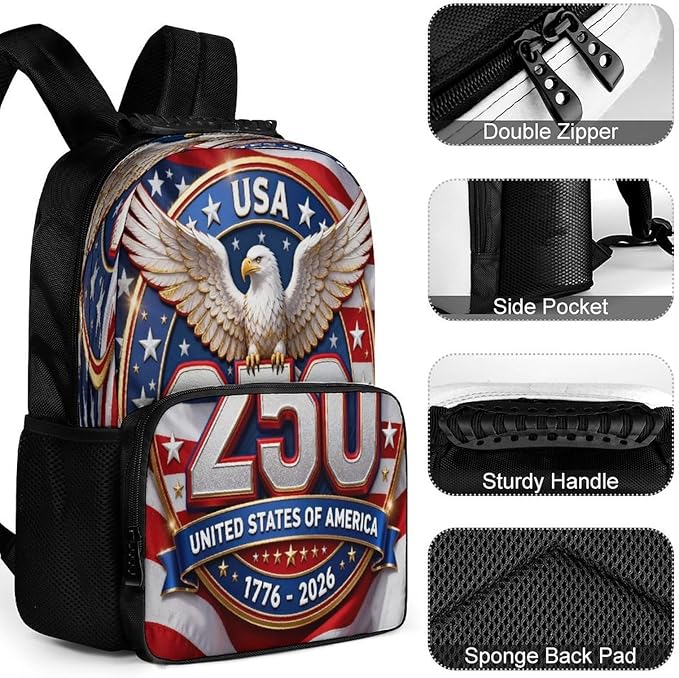 Rucksack Anti-Theft Multipurpose Big Capacity Carry On Bag, American Anniversary 250th Freedom Patriotic Art Traveling Camping Backpack With Side Pockets