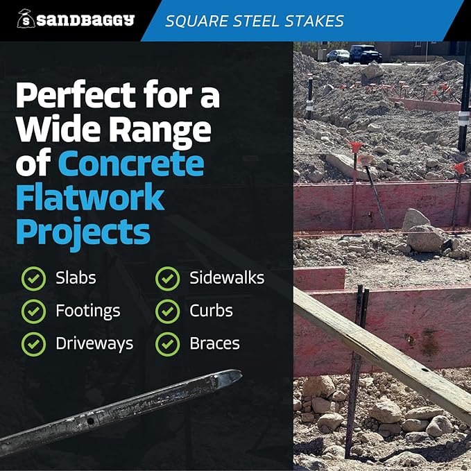 Sandbaggy Square Steel Concrete Form Stakes with Nail Holes - 5/8" Wide - Rust Resistant Coating - Removable, Reusable - Construction Grade Stakes (24 inch, 10)