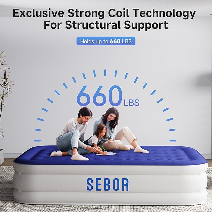 Sebor Air Mattress Queen with Built-in Pump 18", Comfortable Self-Inflating Air Mattress with High-Speed Pump, Durable Blow Up Mattress Queen with Storage Bag for Guests, Camping, Travel