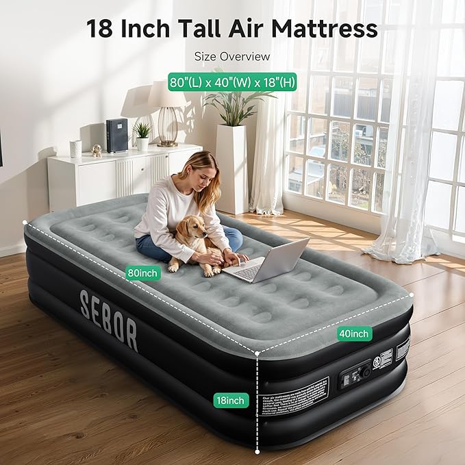 Sebor Air Mattress Twin with Built-in Pump 18", Comfortable Self-Inflating Air Mattress with High-Speed Pump, Durable Blow Up Mattress Twin with Storage Bag for Guests, Camping, Travel