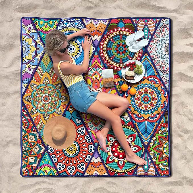 Waterproof Picnic Blankets Foldable & Portable 80''x80'' Boho Picnic Mat for Outdoors, Large Washable Picnic Blanket for Travel Camping Beach, Park Grass Picnic Blanket Accessories for Adults