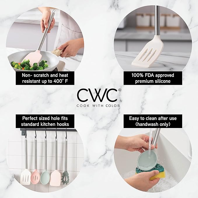 COOK WITH COLOR Silicone Cooking Utensils, Kitchen Utensil Set, Easy to Clean Silicone Kitchen Utensils, Cooking Utensils for Nonstick Cookware, Kitchen Gadgets Set, 5 Pieces, Mint