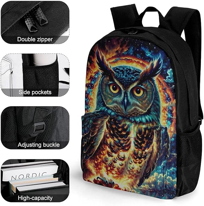 Polyester Daypack Backpack for Sports Travel Running, Big Capacity Anti-Theft Multipurpose Carry On Bag, Galaxy Nighthawk Owl Laptop Book Bag Rucksack