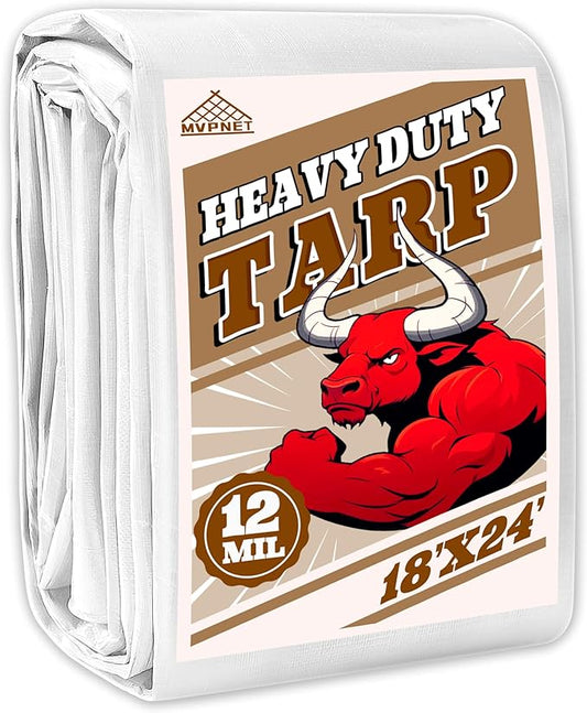 Tarp 18x24 ft Heavy Duty 12mil 100% Waterproof High Durability Multipurpose,Uv Resistant,White Tarp Suitable for Swimming Pools, Boats, Camping, Courtyards, Etc -by MVPNET