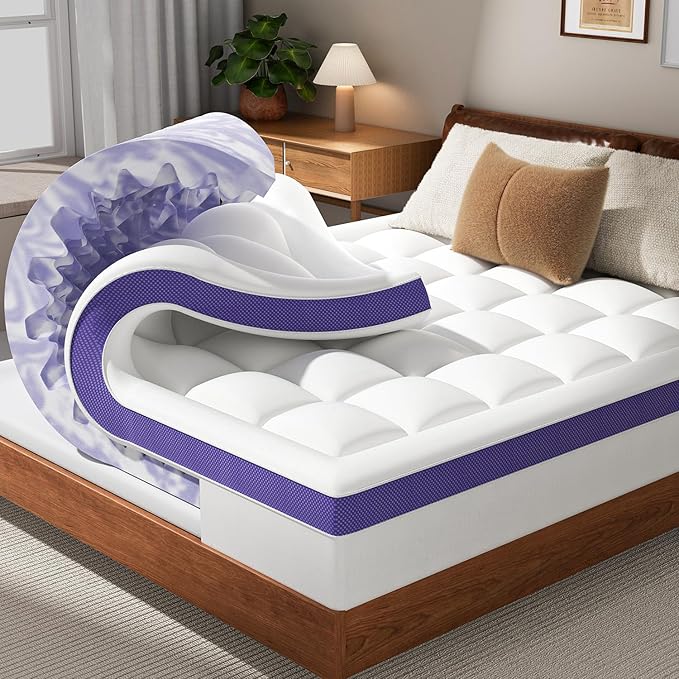 Dual Layer 4 Inch Memory Foam Mattress Topper California King - 2 Inch Gel Memory Foam and 2 Inch Pillow Top Mattress Pad,7-Zone Egg Crate California King Size Mattress Topper(White)