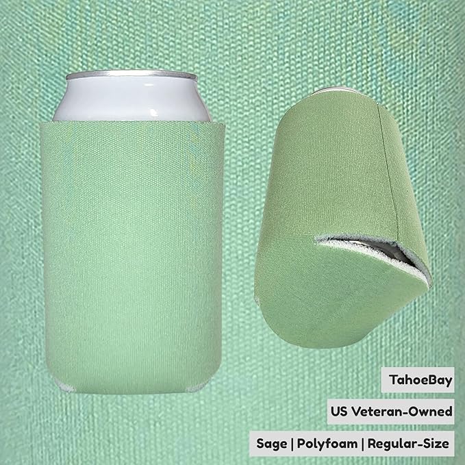 TahoeBay Blank Beer Can Cooler Sleeves (25-Pack) Bulk Sublimation Blanks for Vinyl Plain Soft Foam Can Sleeves Coolers for Soda Cans & Bottles Black, White, Assorted Solid Color (Sage)