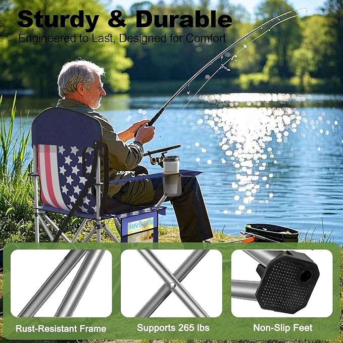 Folding Camping Chairs Durable 600D Oxford, Portable Outdoor Chair with Cooler Pouch, Cup Holder & Storage Pocket for Camping, Beach, Fishing