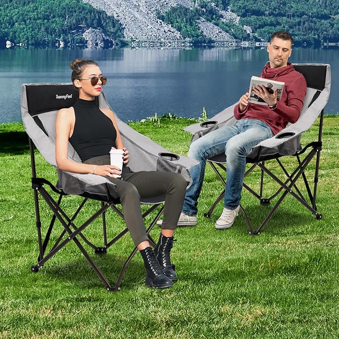 SUNNYFEEL Lightweight Oversized Camping Chairs for Adults Portable Folding Chair with Side Pockets & Cup Holde for Beach,Fishing,Trip,Picnic,Lawn,Concert Outdoor, Carry Bag Included