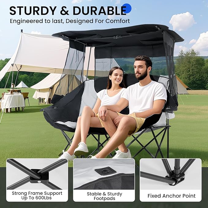 DoCred Double Beach Camping Chair with Canopy, Folding 2 Person Camping Sofa Seat, Portable Outdoor Loveseat with Shade, Oversize Camp Chair for Lawn, and Outdoor Activities