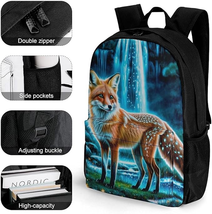 Men Women Polyester Magical Kitsune Fox Art Daypack Bookbag Big Capacity Shoulder Bag With Padded Straps for Climbing Travel Walking Cycling