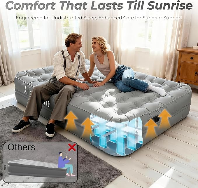 Queen Air Mattress with Built-in Pump - 3 Min Fast Inflation, 18" Portable Foldable Air Bed, 650lbs Capacity w/Rechargeable Battery, Plush Pongee Fabric for Camping & Guest Room (Gray)