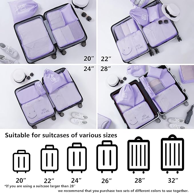 tianzong 7-piece Set Packing Cubes, Travel Bags for Luggage, Packing Organizers with Shoe Bag (Purple)