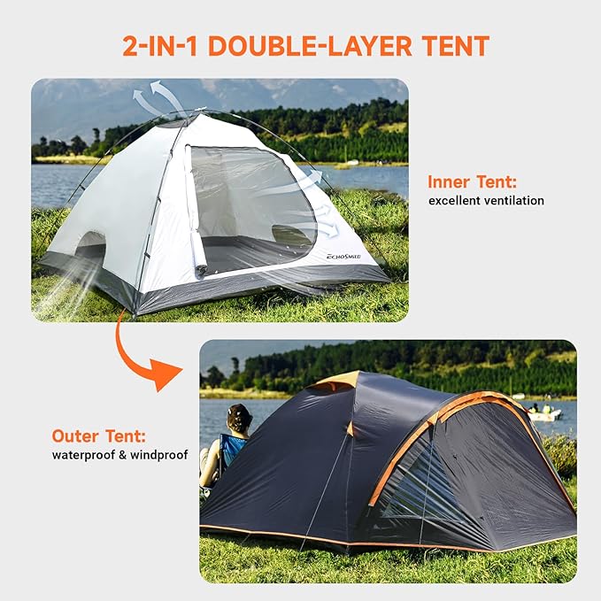 EchoSmile Camping Family Tent for 2-3 Person, Waterproof Dome Tent with Vestibule, Ultralight Easy Setup for Outdoor Camping, 3 Season