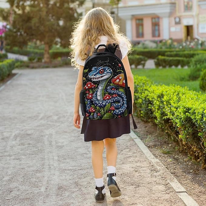 Men Women Lightweight Trippy Mushroom Snake Art Casual Daypack Big Capacity Bookbag With Padded Straps for Gym Travel Walking Cycling