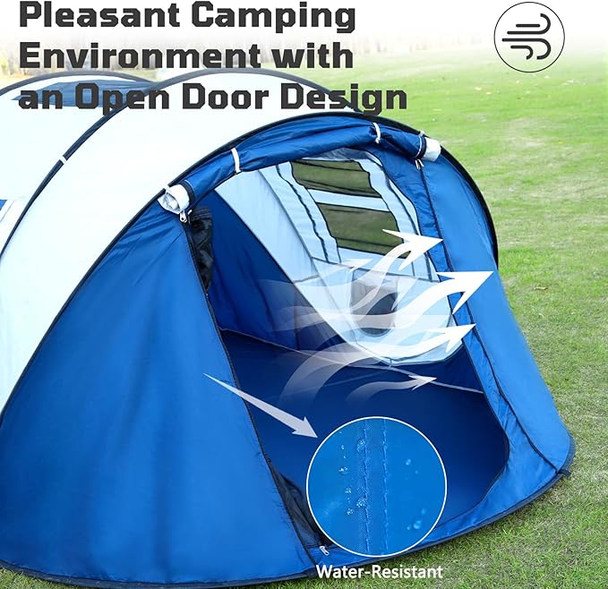 Instant Camping Tent 4 Person Pop Up Portable Instant Cabin Tent with 1-Minute Setup Lightweight Tent for Camping Beach Outdoor Travel Backyard Blue