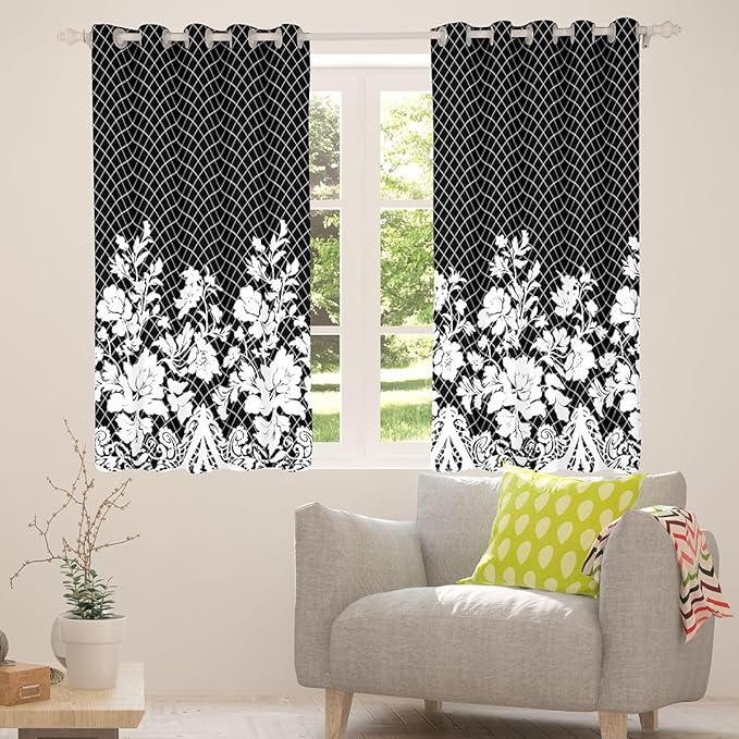 Manfei White Floral Blackout Curtains Boho Vintage Flower Window Drapes,Black Diamond Grid Print Window Treatments,Kids Boys Girls Room Decor,Grommet Top 2 Panel Set Bedroom Curtains, 52Wx96L inch