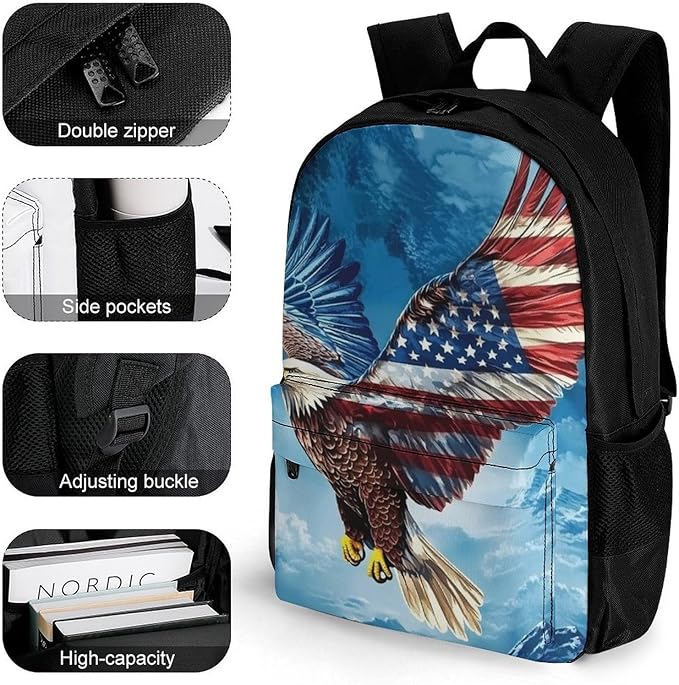 Lightweight Rucksacks for Camping Picnic Walking Cycling, Large Capacity Multipurpose Anti-Theft Carry On Bag, American Flag Eagle Travel Hiking Camping Rucksack
