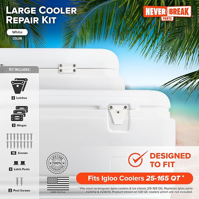 NeverBreak Parts - Igloo Cooler Replacement Parts - Large Repair Kit | High Strength Igloo Cooler Hinges Replacement with Latches | Ice Chest Repair Kit
