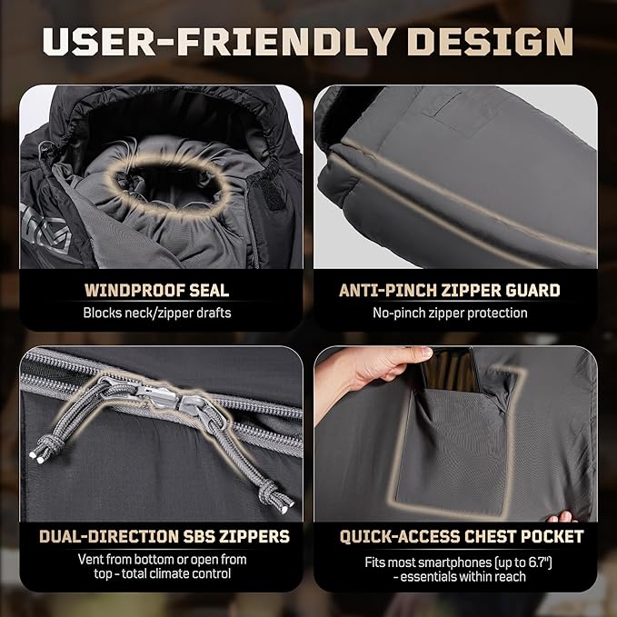 Sleeping Bag for Adults, Warm Weather Camping Mummy Sleeping Bags (25-36℉) with Adjustable Hood, Phone Pocket & Compression Sack for Hiking Travel Hunting