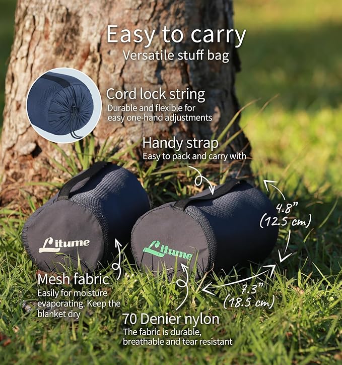 Litume Travel Camping Blanket Lightweight and Breathable, 67 x 48 in Soft Airplane Flight Blanket for Travelers, Foldable Sheet with Stuff Sack for Train, Camp, backapcking, Office, Home